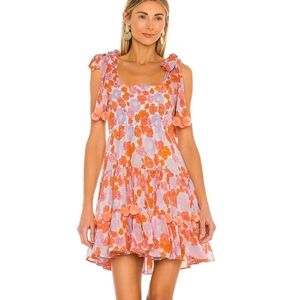 Sundress Pippa Smocked Bodice Pom Pom Mini Dress XS/S Orange Purple Floral